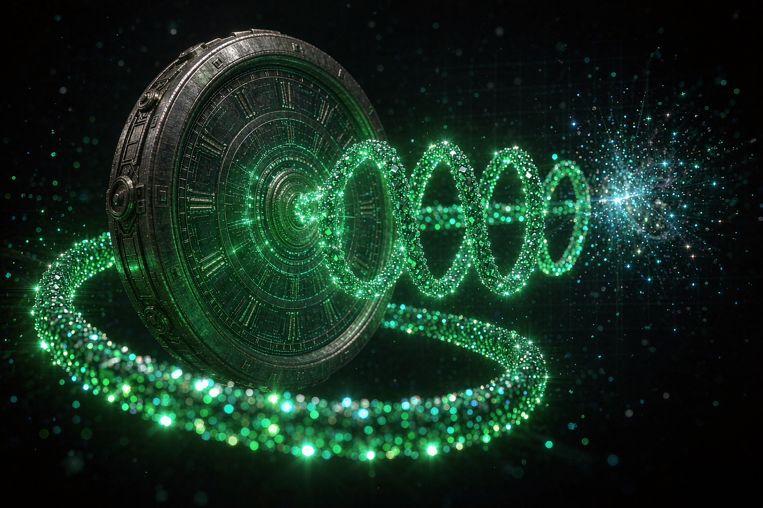 1997 年的时钟吐出一串发光的种子